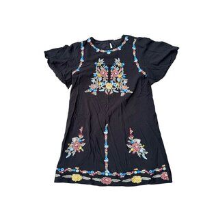 Entro Womens Embroidered Black Mini Dress Floral Boho S Short Sleeve Cotton